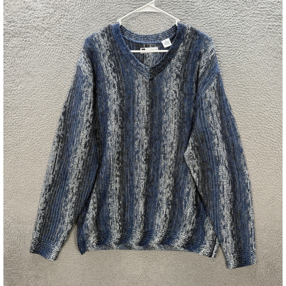 Vintage Bachrach Sweater Adult XL Blue White Striped Knit Wool‎ Blend 90s Y2K